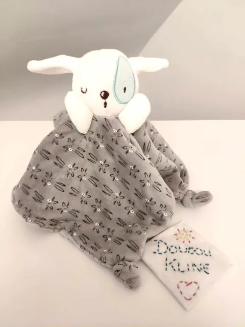 Doudou Plat/Mouchoir Lapin Blanc Gris Oeil Bleu - Siplec Leclerc