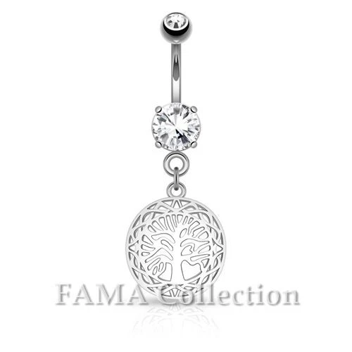 FAMA Surgical Steel Belly Ring Filigree Edged Tree of Life Dangle on Round CZ