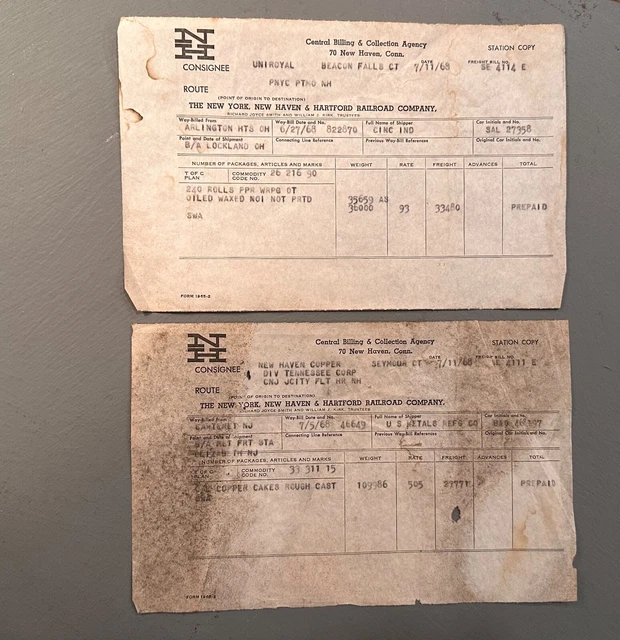 Lot Of 2 Vintage New York New Haven & Hartford Railroad Billing Slips 1968