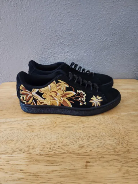 Puma Suede Womens Size 7 Hyper Embroidered Gold Flowers Black