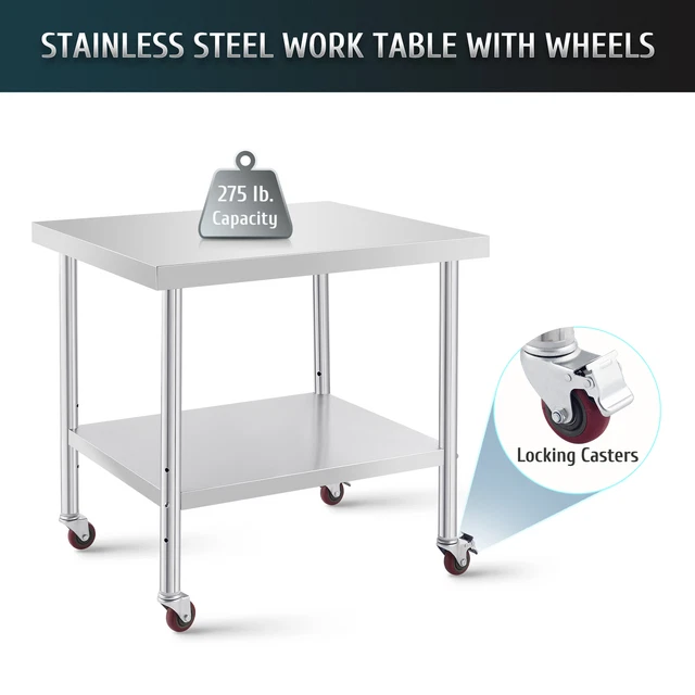 Stainless Steel Kitchen Bar Table w Casters Adjustable Shelf 36x30 Utility Cart