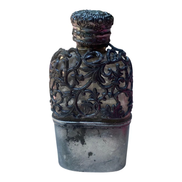 Antique 1860s OLRY & Co. Civil War Liquor Flask Ornate Pewter Overlay W/Cup 4.5”