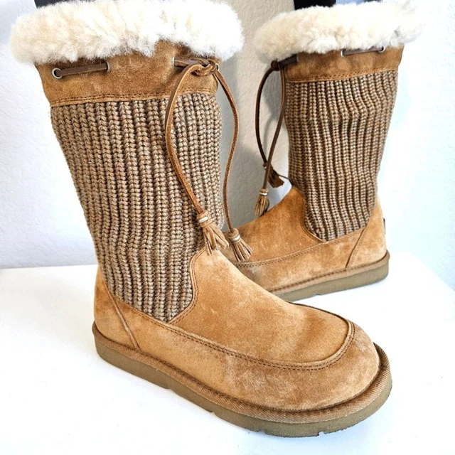 UGG SUBURB CROCHET Mid Calf Boots Size Uk 4.5 Eu 37 Knit Suede