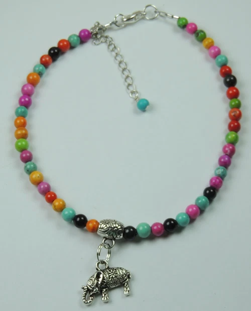 Anklet Multicolor Howlite  & Elephant Charm Fashion Handcrafted Foot Ankle Brace