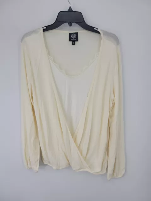 Bobeau Top Womens Large Ivory Mock Wrap Long Sleeve Cottagecore Boho Soft Knit 2