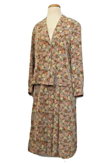 VINTAGE TWO PIECE SET Shirt Skirt Womens M Retro Floral Dress Green Pink Padded