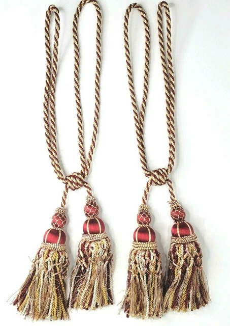 Pair of Large Drapery Tie Backs Braided Cord Fringe Tassels Red Gold Cream