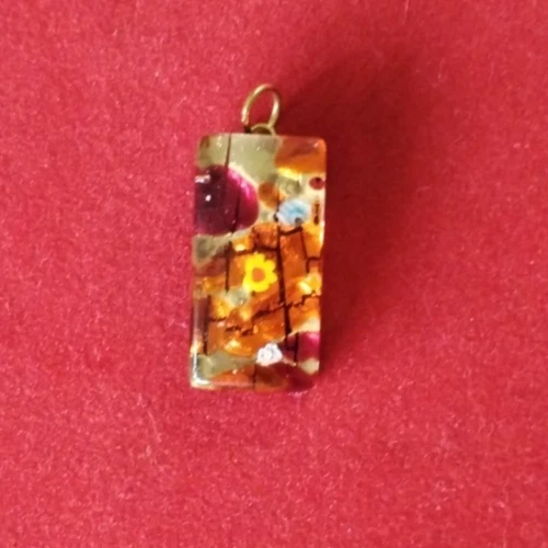 Pendentif En Verre Rouge Type Murano - Monture Cuivre, Forme Rectangle Avec Bulles - Vintage