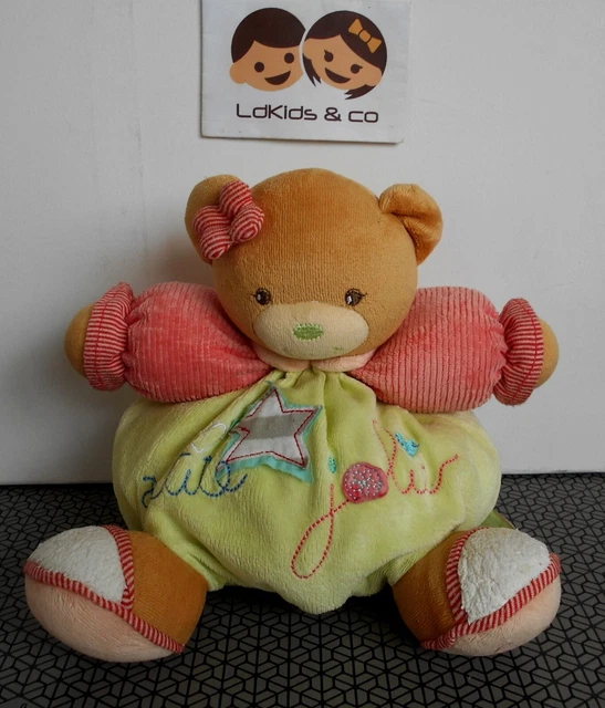 DOUDOU PELUCHE KALOO OURS BOULE PETITE ETOILE JOLIE ROSE VERT GRELOTS 25 cm D836