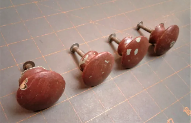 4 Antique Painted Maple Wood Drawer Pull Knobs Old Red Paint Over Blue Paint