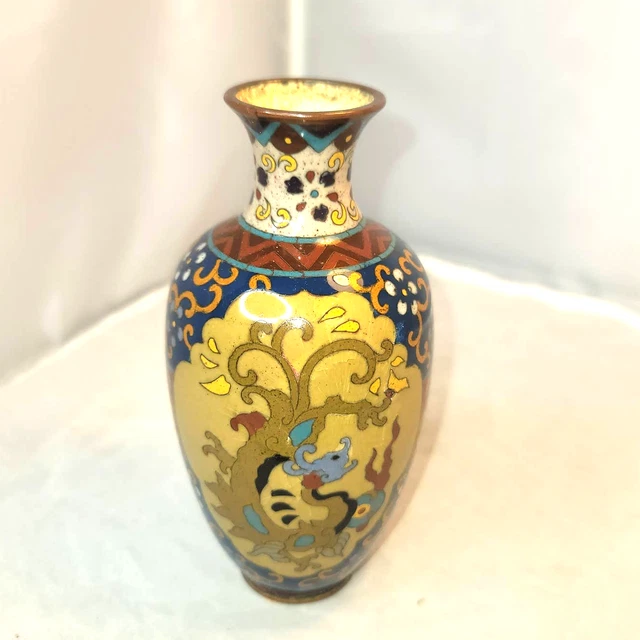 Antique Cloisonne Mini 6" tall Mulitcolor Vase Japanese metal brass rim Enamel Antique Cloisonne Mini 6" tall Mulitcolor Vase Japanese metal brass rim Enamel