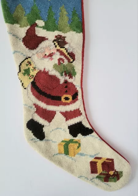 Vintage Needlepoint Santa Christmas Stocking, Red Velvet Backing