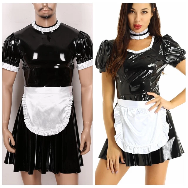 Sissy Men Women Maid Uniform Flared Fancy Dress Cosplay Outfit Halloween Costume