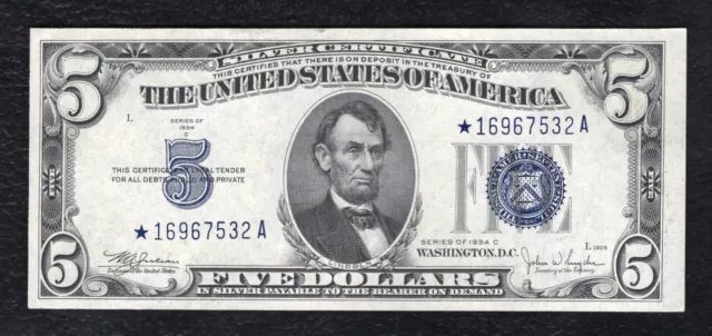 Fr. 1653* 1934-C $5 *Star* Silver Certificate Currency Note Choice Uncirculated