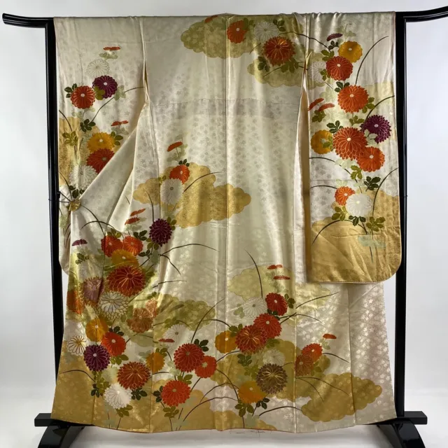 Japanese Kimono Silk Furisode Long Sleeves Gold Leaf Kiku Cloud Leaf Cream 62"