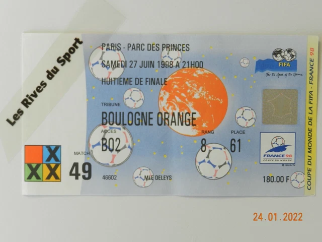 Ticket Coupe Du Monde 1998 - 1/8e De Finale Brésil Vs Chili - France 98 - Bon état