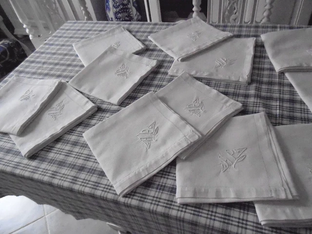 Lot grandes serviettes de table en damassé de lin fin avec épis de blé oiseaux et monogramme AR - Passion de blanc