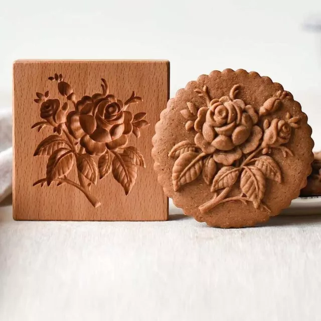 Wood Rose Cookie Mold 3.54*3.54*0.98 Inch Biscuit Press Stamp  Party