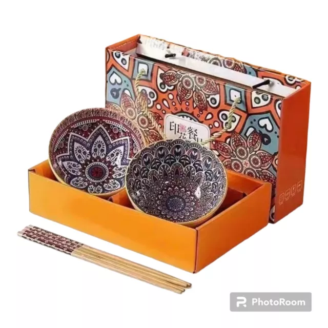 Ceramic Japanese Chinese Rice or Soup Bowl Bohemian Style Pattern Gift Set 2/4/6 3