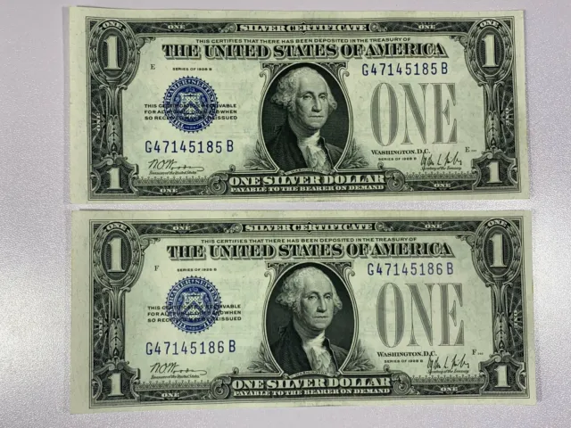 Lot of 2-1928B Series FR160 $1 Dollar Blue Unc Seal Silver Certificates Seq SN