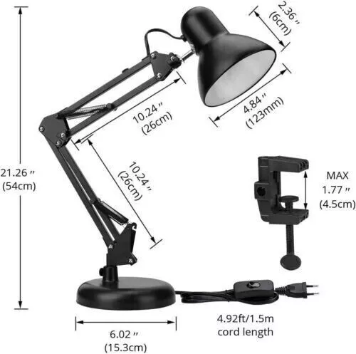 Lampada da Tavolo Scrivania Braccio Girevole Snodabile con Morsetto Metallo E27