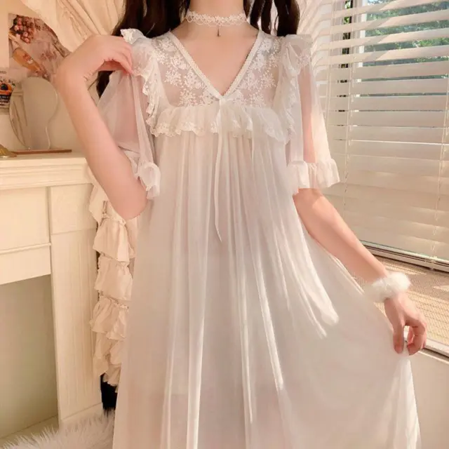 Femme Fille Lolita Chemise de Nuit à Volants Dentelle Pyjama Midi Robe Col V