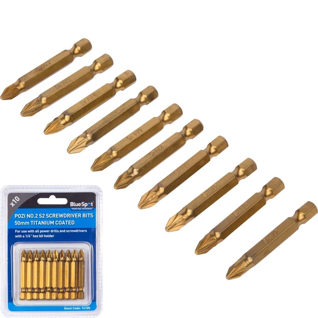 Titanium Bit Set Drill Driver Screwdriver Bits 50mm PZ2 Pozi S2 10pc 14105