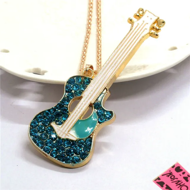 New Fashion Women Blue Rhinestone Enamel Crystal Guitar Pendant Chain Necklace