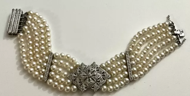 Vintage 14K White Gold Real Pearl And Diamond Bracelet