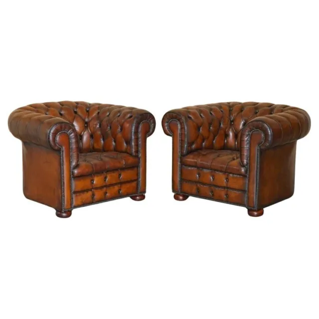 Pair Of Restored Chesterfield Club Armchairs Wonderful Hand Dyed Brown Leather