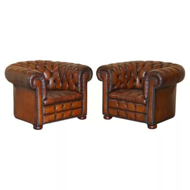 Pair Of Restored Chesterfield Club Armchairs Wonderful Hand Dyed Brown Leather