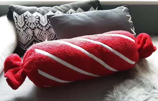 STRIPED SWEET SHAPED BOLSTER CUSHION - RED & WHITE CANDY STRIPED - NEW - 47cm 3