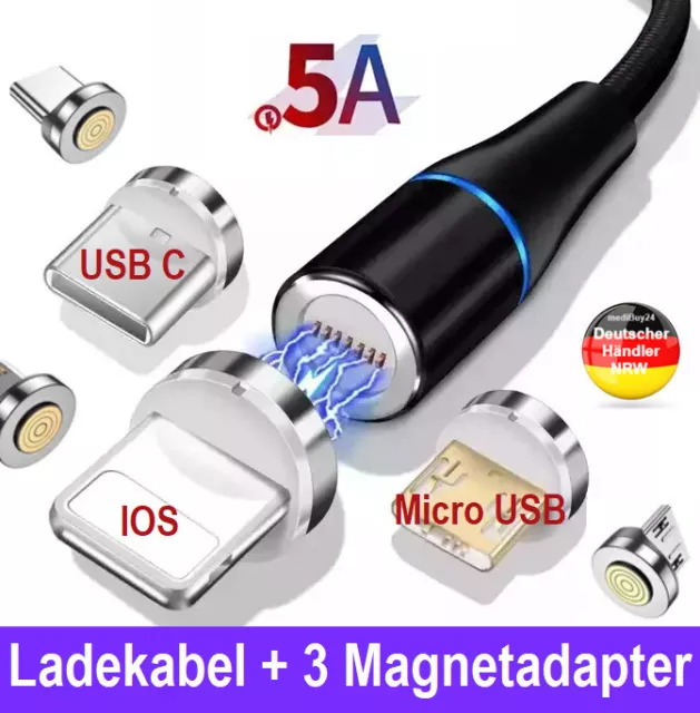 Ladekabel Magnet USB C Micro iPhone Samsung Huawei Xiaomi 3in1 Schnell LED 7 Pin