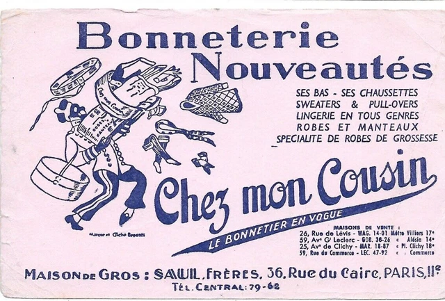 Beau buvard ancien publicitaire vêtement Chez mon cousin Paris livreur