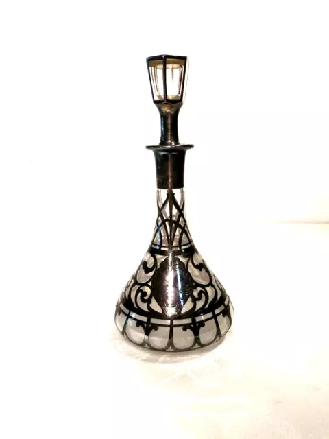 Vintage Sterling Silver Overlay Glass Decanter Ornate Art Nouveau