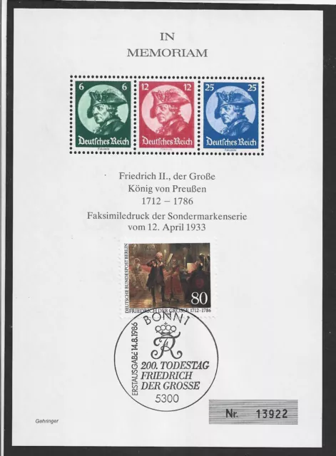 pd075 BERLINO/musica-Federico il Grande numero di Michel 764 su foglio commemorativo del primo giorno