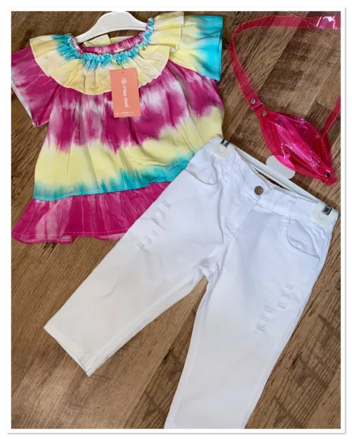 Girls Pink Tye Dye Top, Cropped White Jeans & Bag Set. Aged 5yrs. Brand New