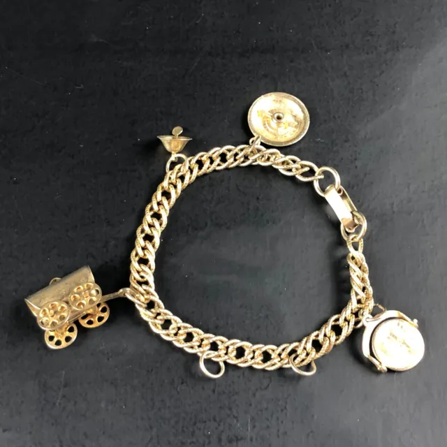 Vintage Charm Bracelet w Charms Wagon Compass Bell I LOVE YOU Spinner Gold Tone