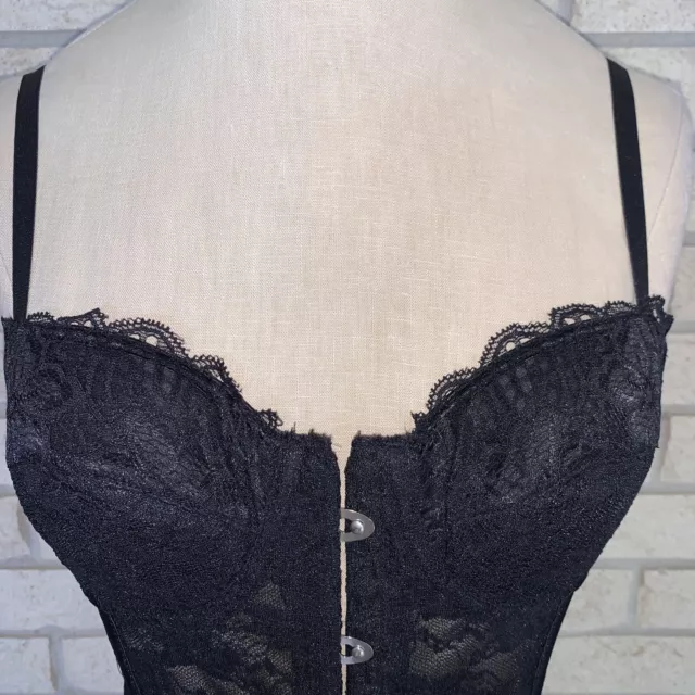 VINTAGE BLACK SCALLOPED Lace Boned Front Busk Wired Corset SZ Medium 34 ...