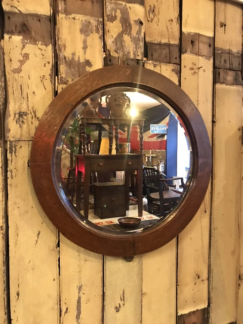 Early 20th Century Bevel Edged Round Oak Wall Mirror Edwardian Antique