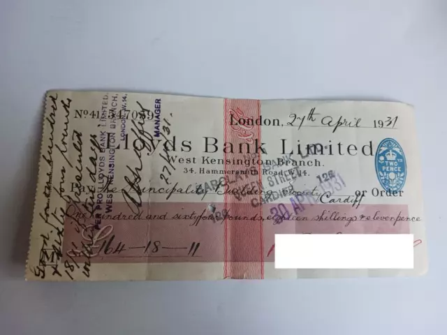 Old Lloyds Bank Ltd. Cheque from 1931