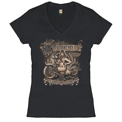 Old Motorcycles Hot Babes and Cold Beer Women's V-Neck T-shirt Biker Babe Tee