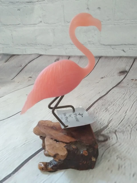 John Perry Pink Flamingo Sculpture Figurine Wood Base Signed Dated 1982 orig tag