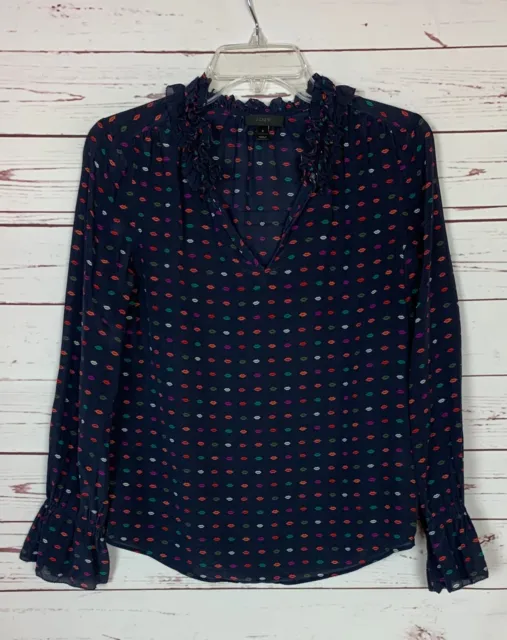 J.Crew Women's Size 2 Navy Blue 100% SILK Long Sleeve V Neck Ruffle Top Blouse