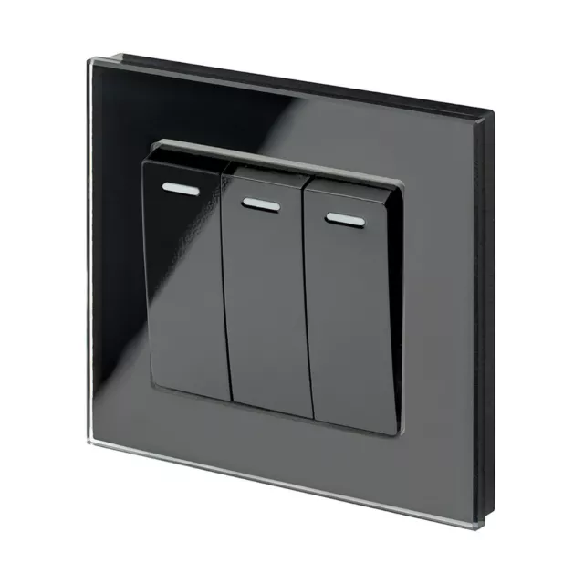 RetroTouch 3 Gang 1 or 2 Way 10 Amp Rocker Light Switch Black Glass PG 00243