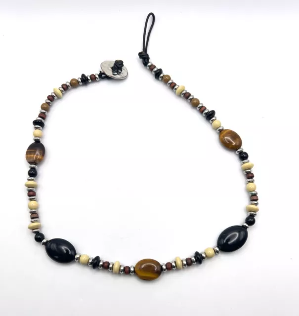 CHAPS Tiger’s Eye Bead Beaded Silver Tone Clasp Long Necklace Signed 3