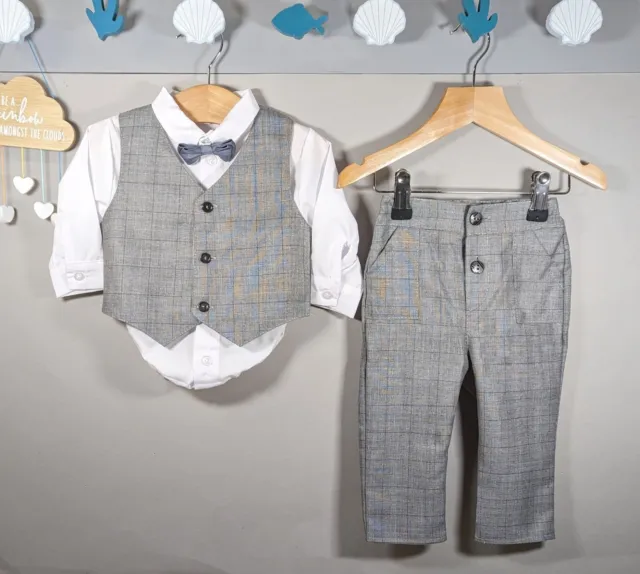 Baby Boys Grey Checker Outfit Smart Set Formal Suit Wedding Christening Baptism