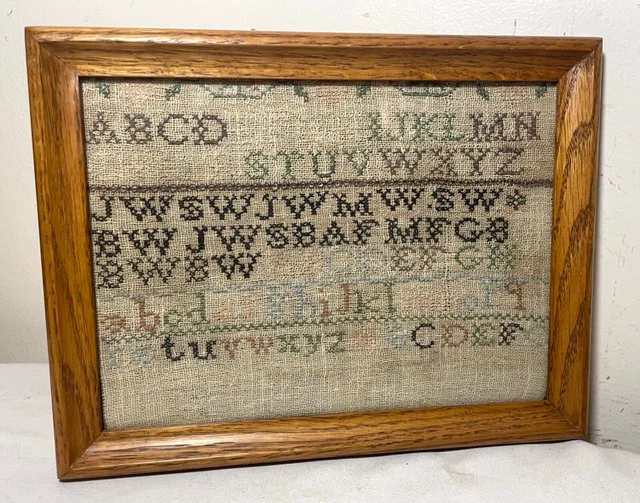 antique 1800's handmade embroidered linen needlepoint sampler 19th century art