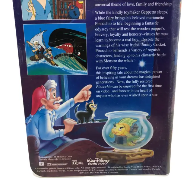 VTG Walt Disneys Masterpiece Pinocchio VHS Tape 239 V Sealed 6
