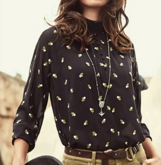 Cabi Top Blouse Womens Large Black Sheer Floral Embroidered Long Smocked 5338
